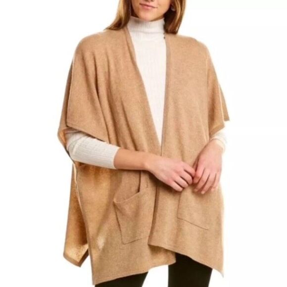 Phenix 100% Cashmere Jersey Wrap Shawl Cardigan Sweater Camel Tan Pocket Size OS - Picture 1 of 8